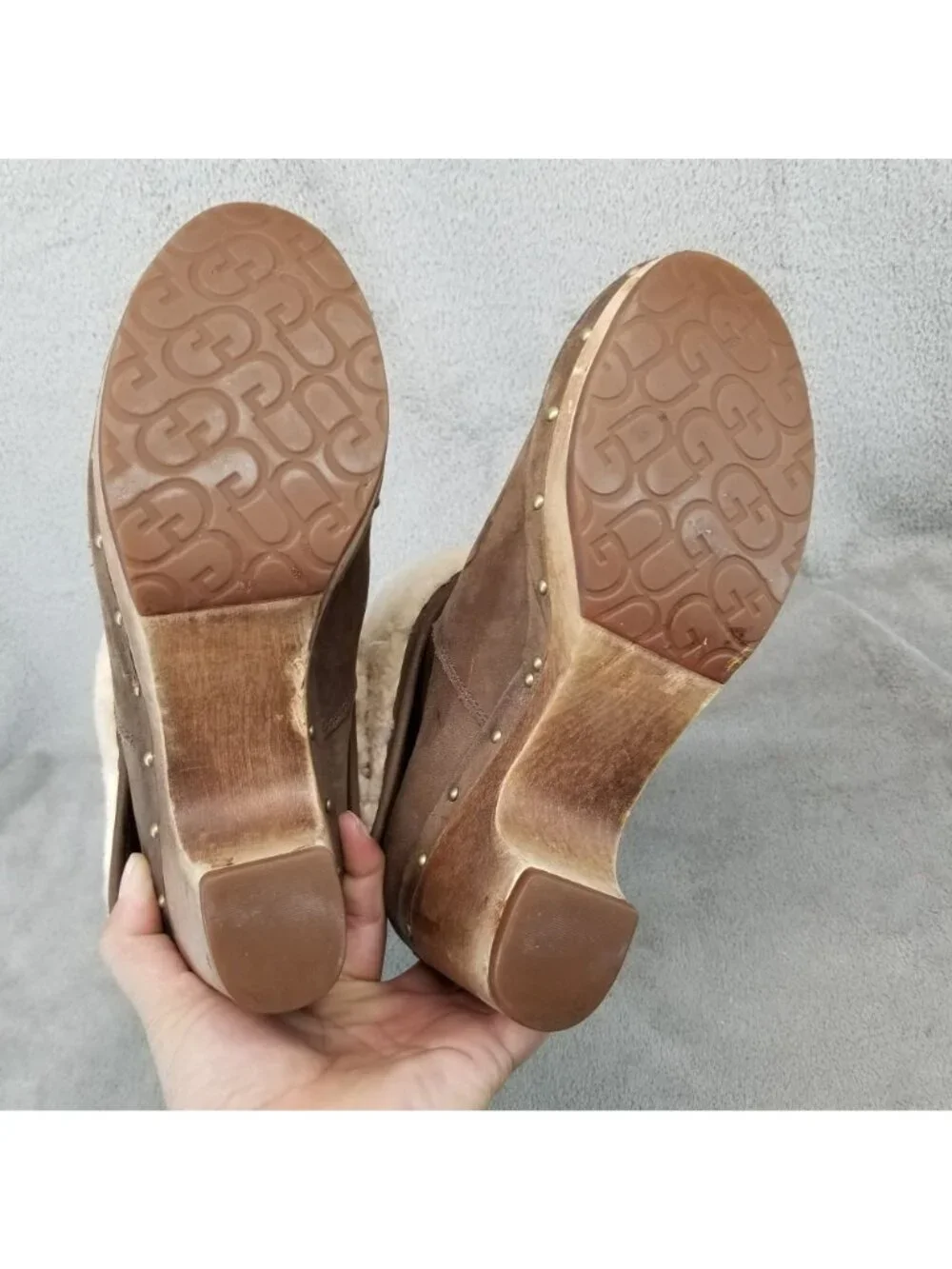 UGG Shoes Womens Size 7 Lynnea Brown Leather Shearling Wood Sole Boots *Read*